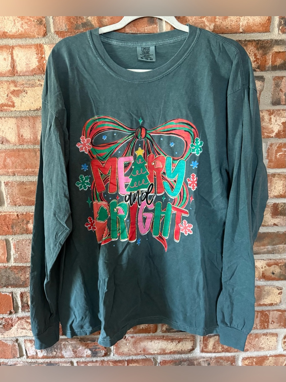 Comfort Colors Green "Merry and Bright" Long-Sleeve Holiday Tee
